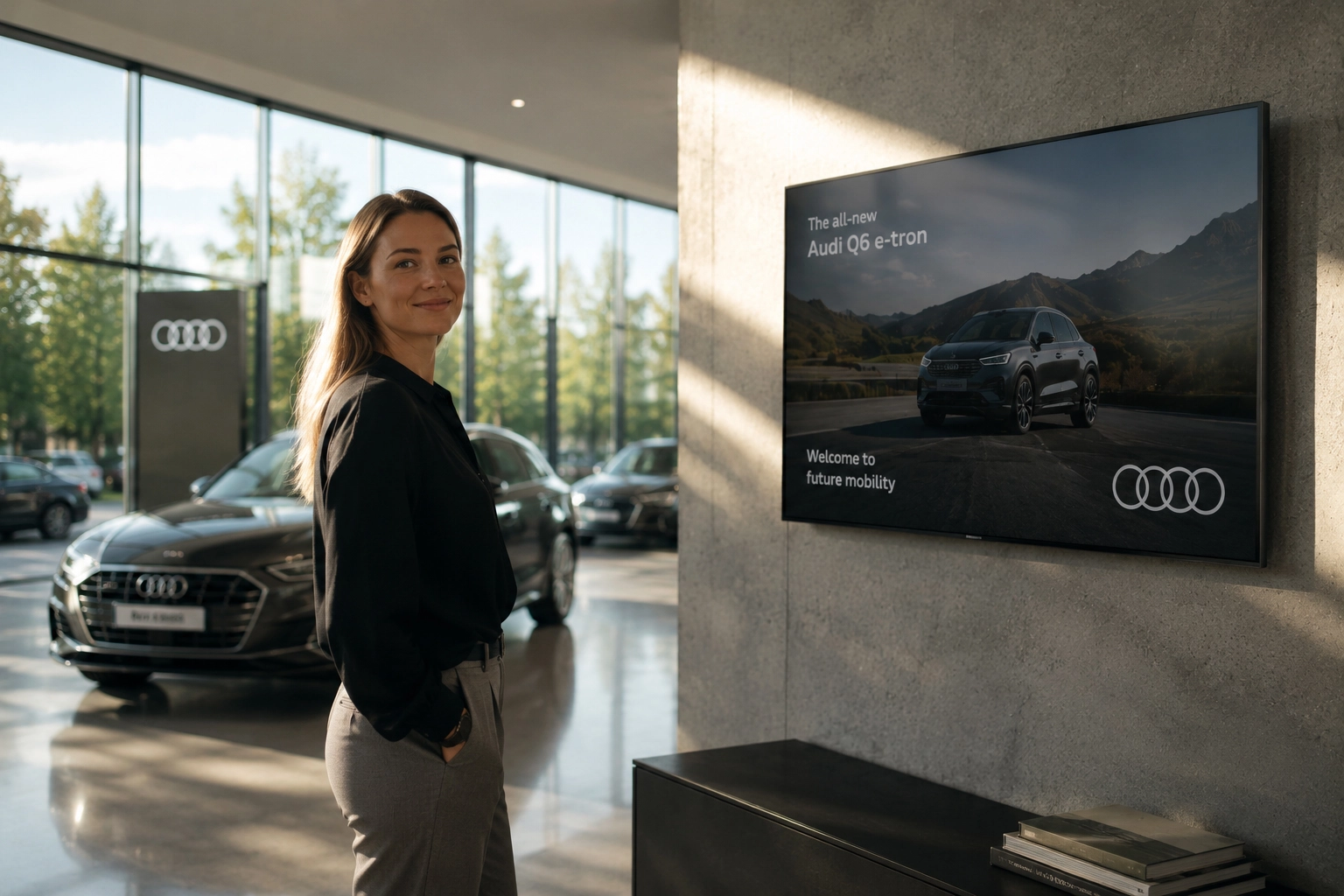 Audi showroom met vrolijke marketeer bij FlexCast scherm