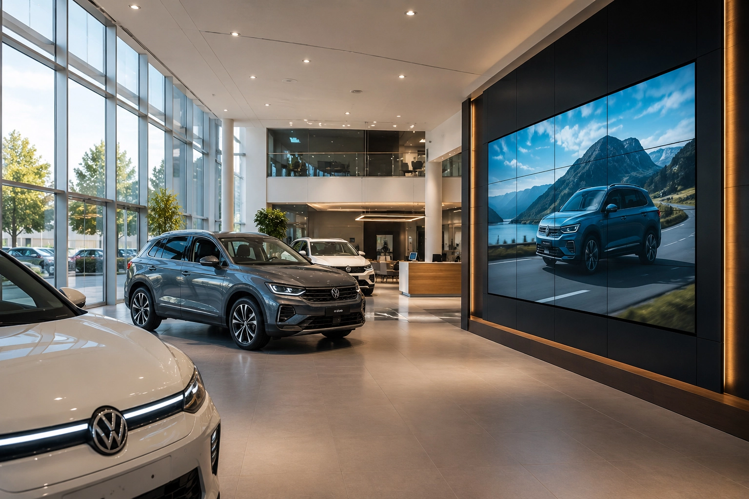 Volkswagen showroom met FlexCast narrowcasting en groot digital signage scherm