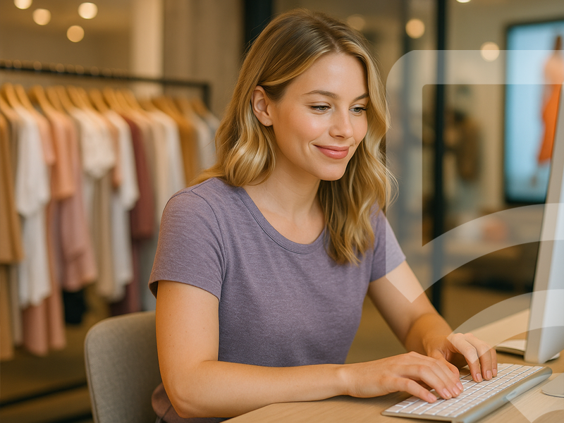 Vrouw die achter haar computer werkt aan de slimme software van FlexCast Narrowcasting